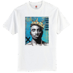 Front view of the premium tupac shakur tshirt displaying a custom vintage rap portrait graphic layout