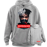 Front and back view of the premium xxxtentacion revenge sweatshirt hoodie displaying a custom metallic typography and handprint graphic layout