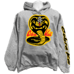 Front view of the premium cobra kai sweatshirt hoodie displaying a bold strike first dojo logo graphic