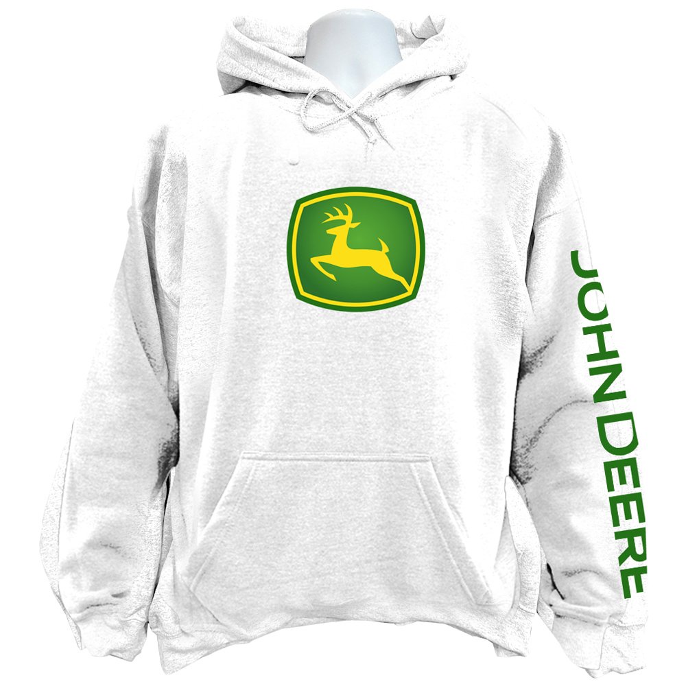 Front view of the premium john deere sweatshirt hoodie displaying a bold classic leaping deer logo graphic