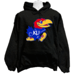 Front view of the premium kansas jayhawks university sweatshirt hoodie displaying a bold classic school mascot typography logo graphic