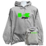 Front view of the premium kawasaki ninja sweatshirt hoodie displaying a bold classic lime green racing typography logo graphic