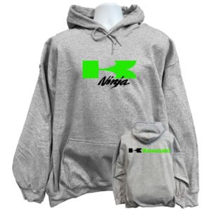 Front view of the premium kawasaki ninja sweatshirt hoodie displaying a bold classic lime green racing typography logo graphic