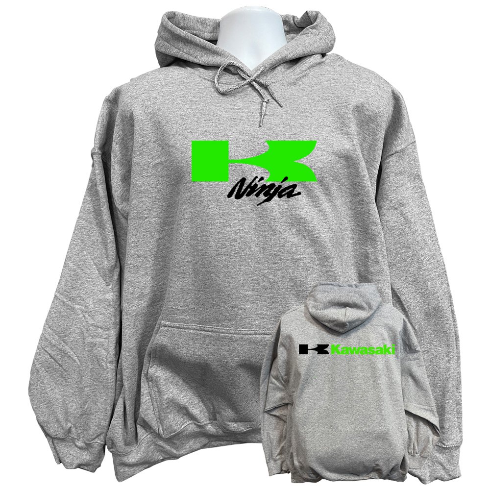 Front view of the premium kawasaki ninja sweatshirt hoodie displaying a bold classic lime green racing typography logo graphic