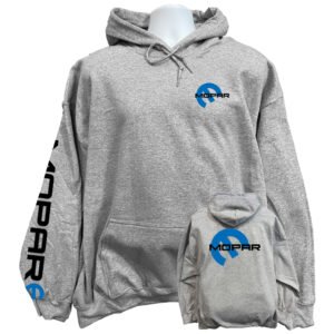 mopar sweatshirt hoodie displaying a bold classic vintage blue omega stylized emblem graphic