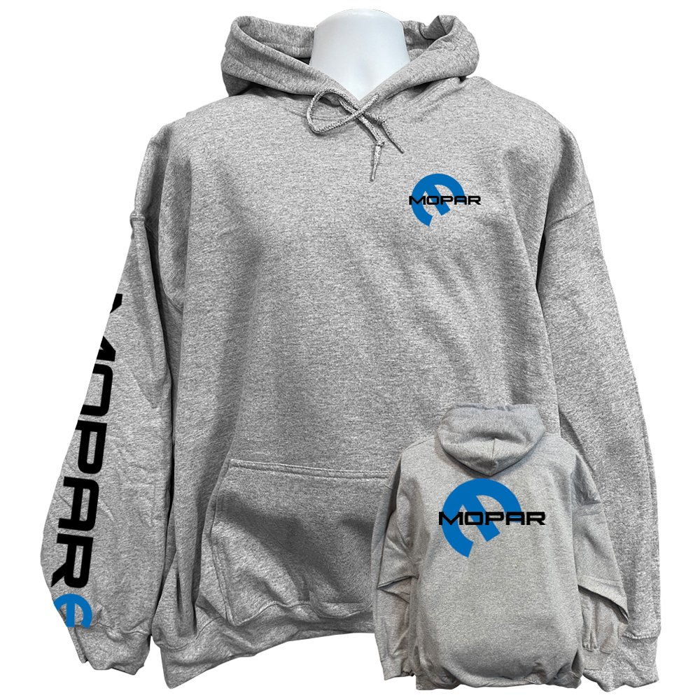 mopar sweatshirt hoodie displaying a bold classic vintage blue omega stylized emblem graphic