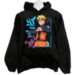 Front view of the premium naruto sweatshirt hoodie displaying a vibrant anime hidden leaf graphic