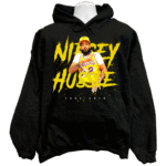 Front view of the premium nipsey hussle sweatshirt hoodie displaying a vintage hip-hop portrait graphic layout