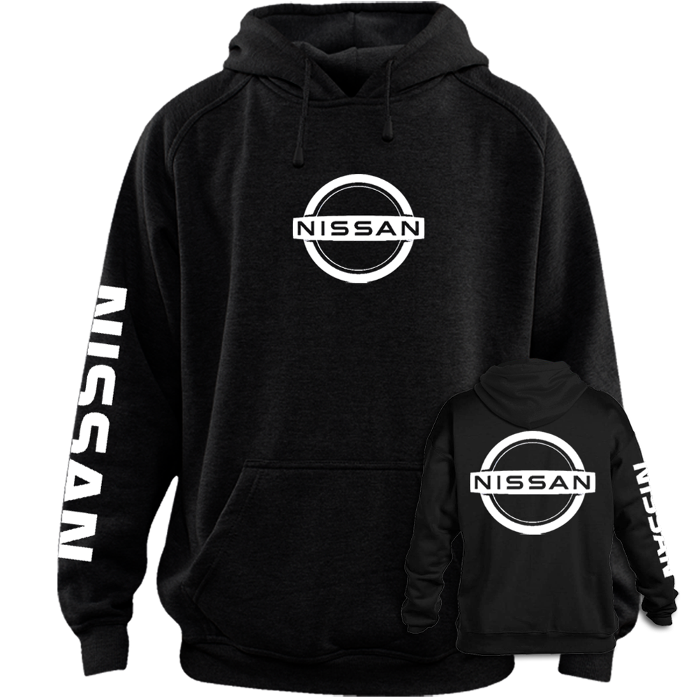 nissan sweatshirt hoodie displaying a bold classic minimalist metallic circle emblem graphic