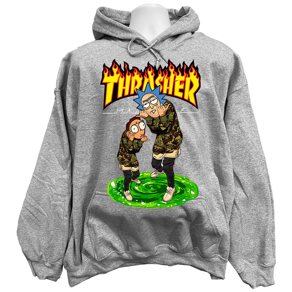 Front view of the premium rick & morty sweatshirt hoodie displaying vibrant portal graphics