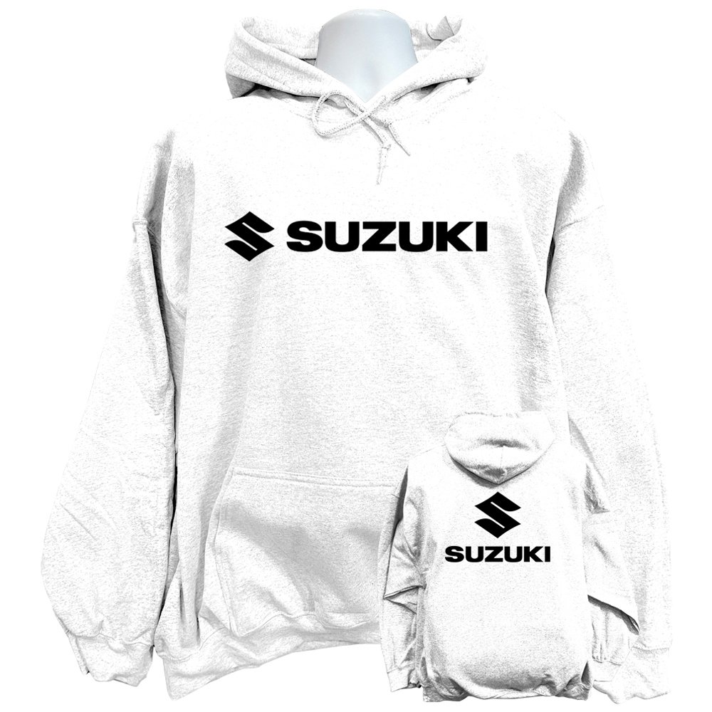 suzuki sweatshirt hoodie displaying a bold classic stylized red metallic letter S logo graphic