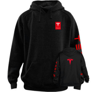 tesla sweatshirt hoodie displaying a bold classic minimalist metallic shield T logo graphic