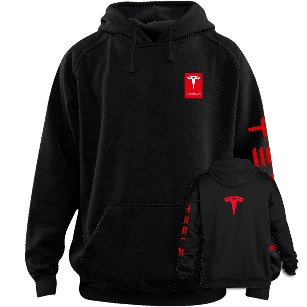 tesla sweatshirt hoodie displaying a bold classic minimalist metallic shield T logo graphic