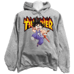 Front view of the premium dragon ball z thrasher sweatshirt hoodie displaying a vibrant anime skate crossover graphic