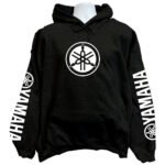 yamaha sweatshirt hoodie displaying a bold classic minimalist metallic tuning forks circle logo graphic