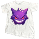 Streetwear model styling a dark purple Gengar Pokémon tShirt in an urban setting