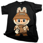 Trendy model showcasing a stylish black oversized Labubu tShirt