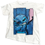 Happy fan wearing a blue vintage Lilo & Stitch tShirt at a theme park