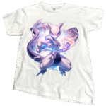 Collector showcasing a vintage purple Mewtwo Pokémon tShirt at a gaming convention