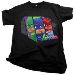 Excited toddler wearing a blue PJ Mask tShirt while playing with superhero toys