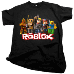 Young gamer wearing a cool colorful Roblox tShirt while playing a game