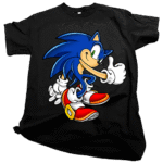 Teenager wearing a classic blue Sonic tShirt at a retro arcade cabinet