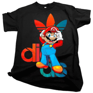 Smiling fan wearing a classic red Super Mario tShirt while holding a video game controller