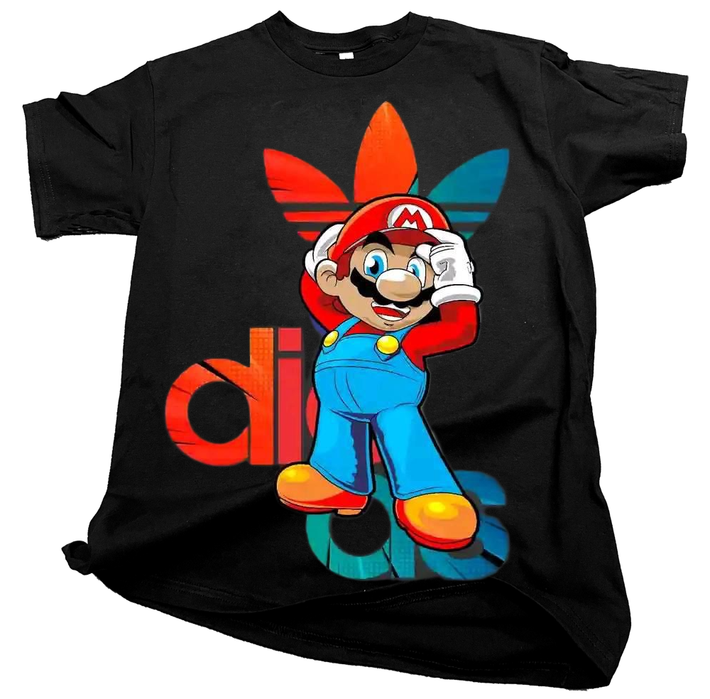 Smiling fan wearing a classic red Super Mario tShirt while holding a video game controller