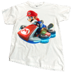 Smiling fan wearing a classic red Super Mario tShirt while holding a video game controller