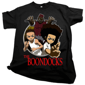 Streetwear enthusiast wearing a black graphic The BoonDocks tShirt in an urban setting